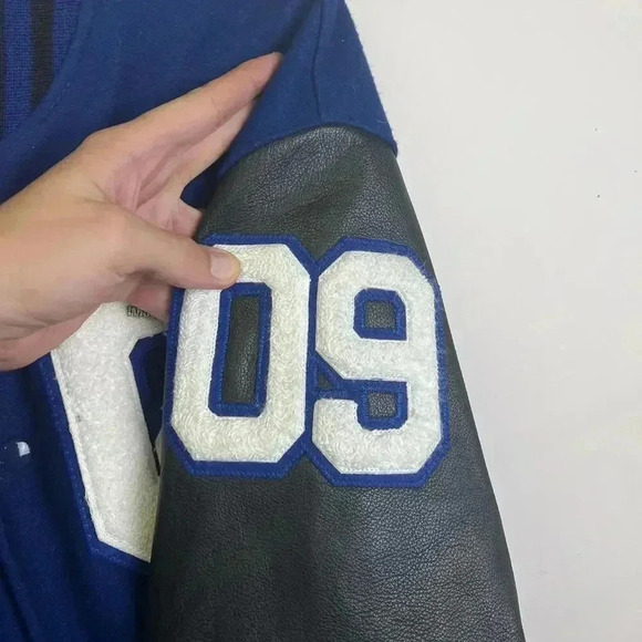 Vintage DeLong Blue Letterman Jacket with Leather Sleeves by Unknown - Picture 6 of 8